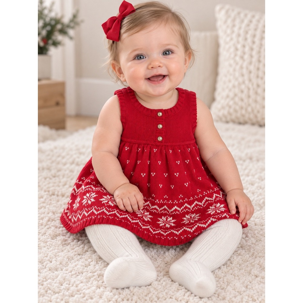 Red Knit Fair Isle Snowflake Sleeveless Holiday Sweater Dress Kids 6 months